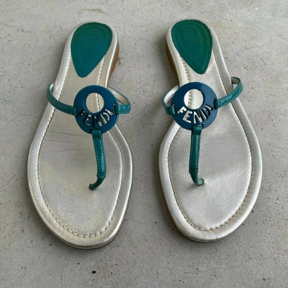 Fendi Women Sandal Flat Thong Blue/Silver Made in Italy Size 39 Authentic Fendi - Picture 2 of 12
